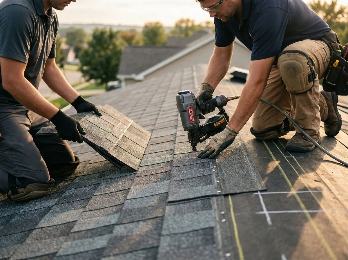 Professional roofer working on a residential roof in Auburn